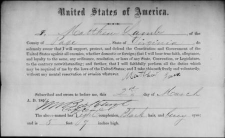 Matthew Lamb's Oath of Allegiance, taken in March, 1864